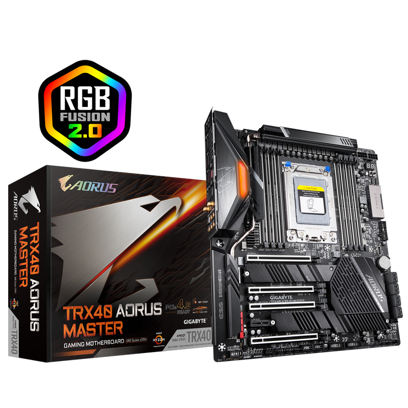 AMD TRX40 AORUS MB w Direct 16+3 Phases Infineon Digital VRM, Fins-Array Heatsink, NanoCarbon Baseplate, 5GbE+1GbE LAN, 3 PCIe 4.0 M.2 w Thermal Guard