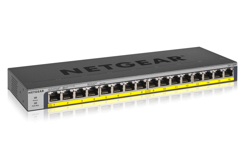 NETGEAR 16-Port PoE/PoE+ Gigabit Ethernet Unmanaged Switch with 183W PoE Budget, Rack-mount or Wall-mount (GS116PP
