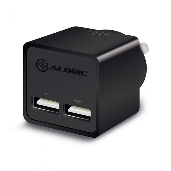 ALOGIC 2 Port USB Mini Wall Charger - 2.4A + 1A - 17W Â - BLACK  - MOQ:3