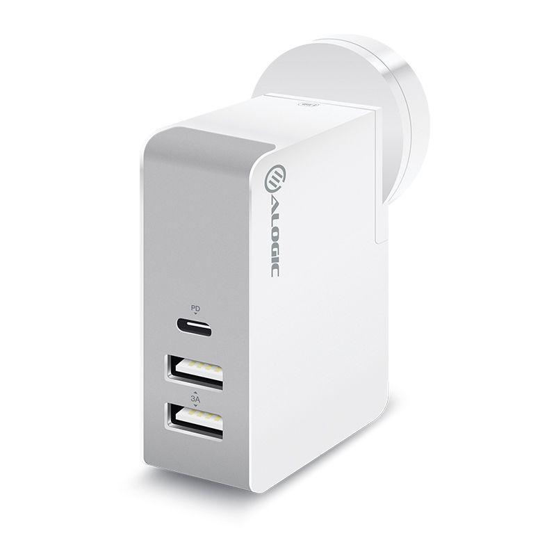 ALOGIC 3 Port USB-C & USB-A 45W Travel Charger with Multi Country Plugs and Power Delivery - White