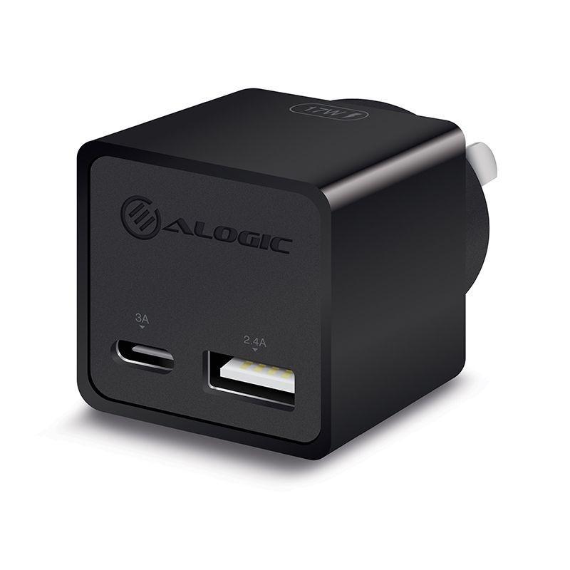ALOGIC 2 Port Combo USB-C & USB-A Mini Wall Charger - 3.4A + 2A - 17W Â - BLACK - MOQ:2